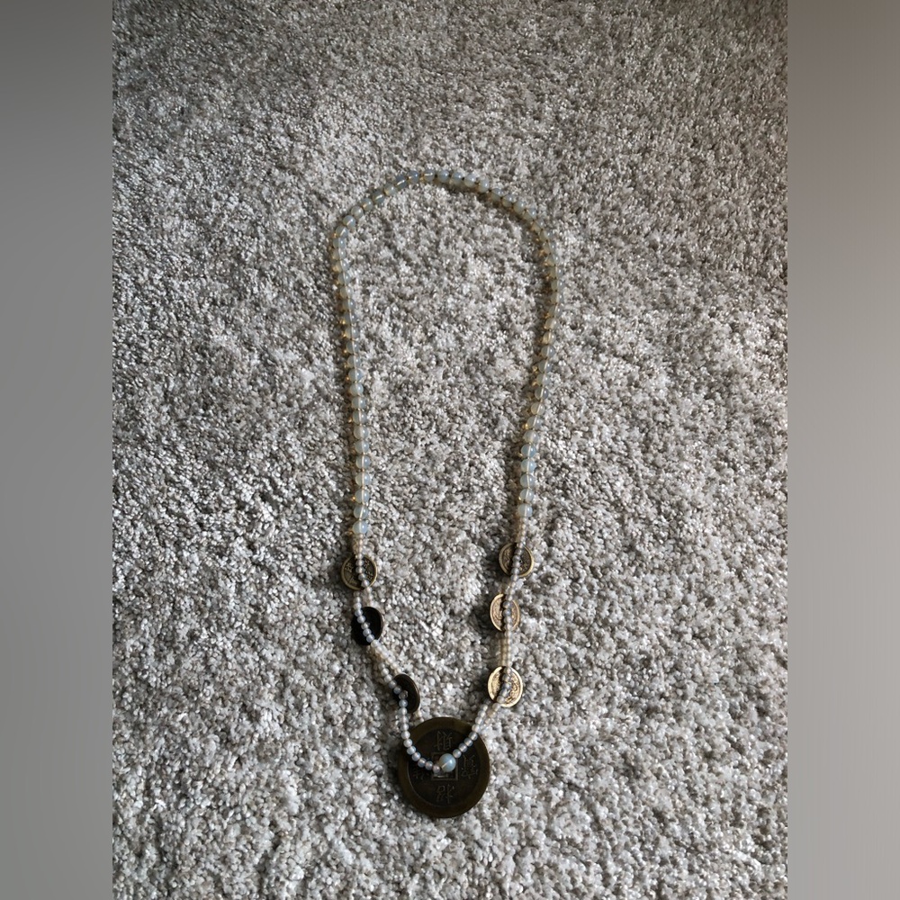 VTG Japanese Coin Necklace Dragon & Phoenix Translucent Moonglow Glass Beads 32” - Picture 6 of 12